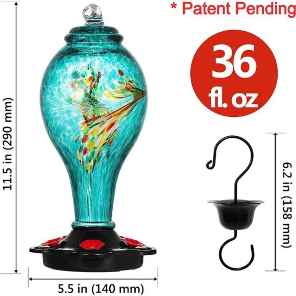 Hummingbird Feeder,Hand Blown Glass Hummingbird Feeder,Never Fade,36Fluid Ounces